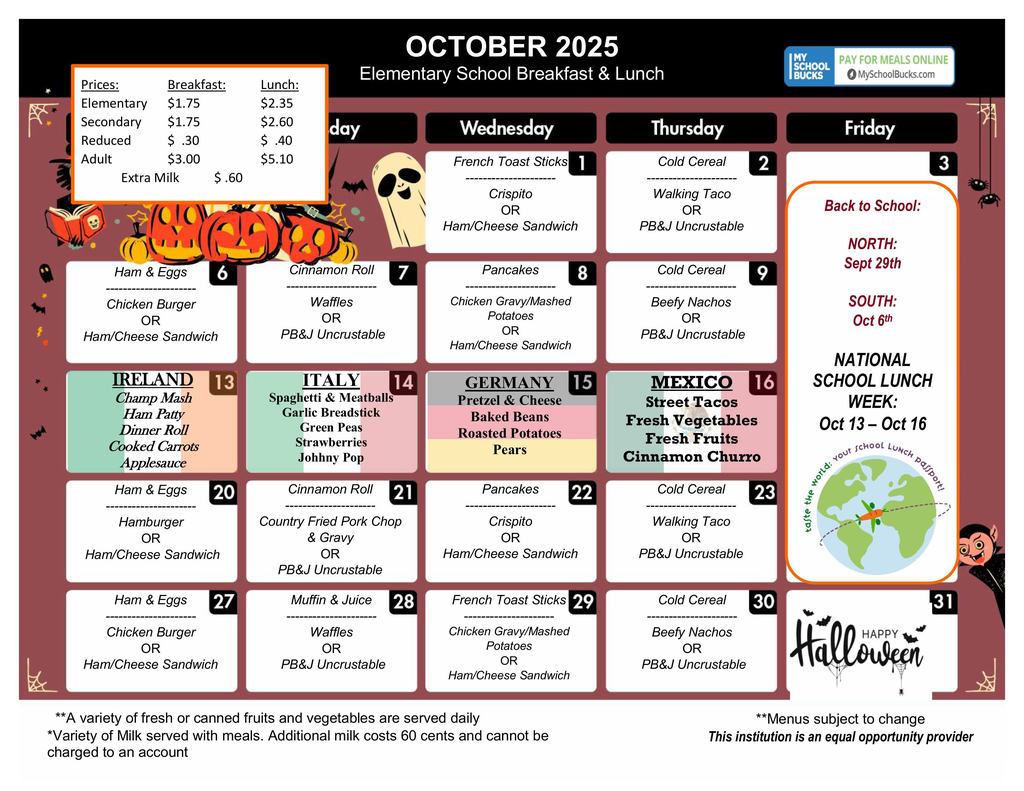 October Lunch Menu