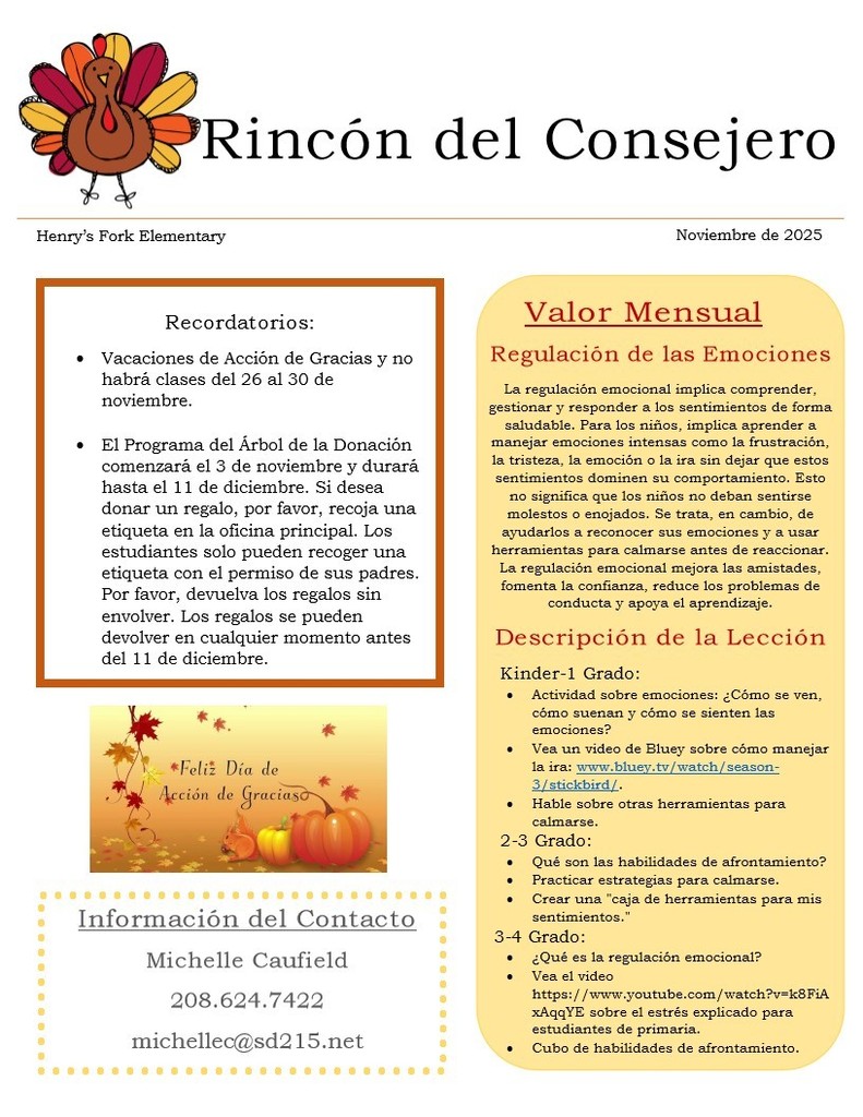 November Counselor's Corner Newsletter Spanish
