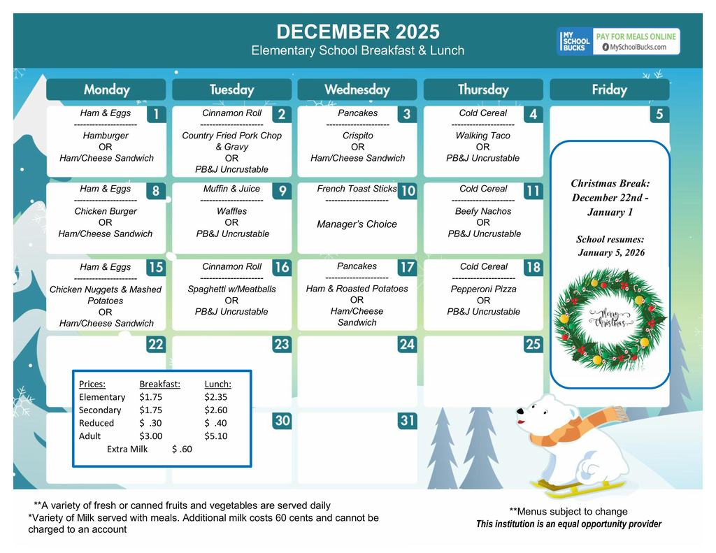 December Lunch Menu