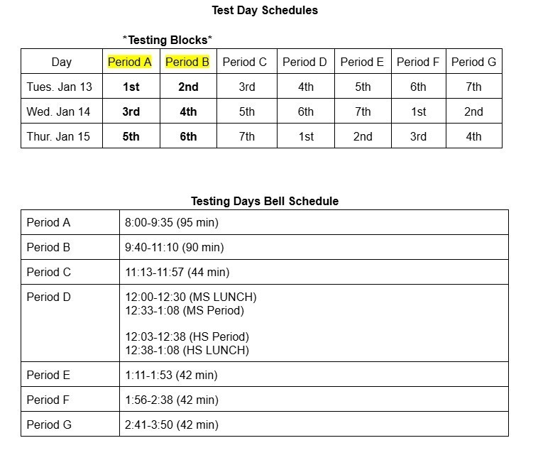 Finals Testing Schedule 