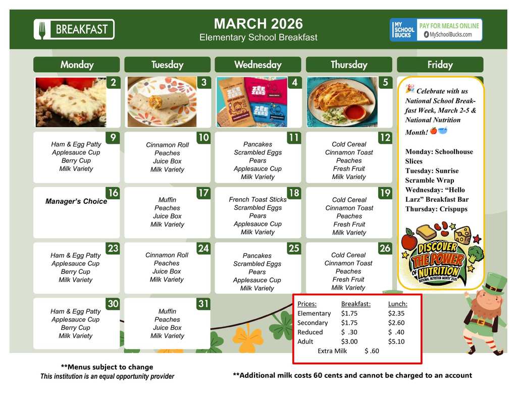 March Breakfast Menu