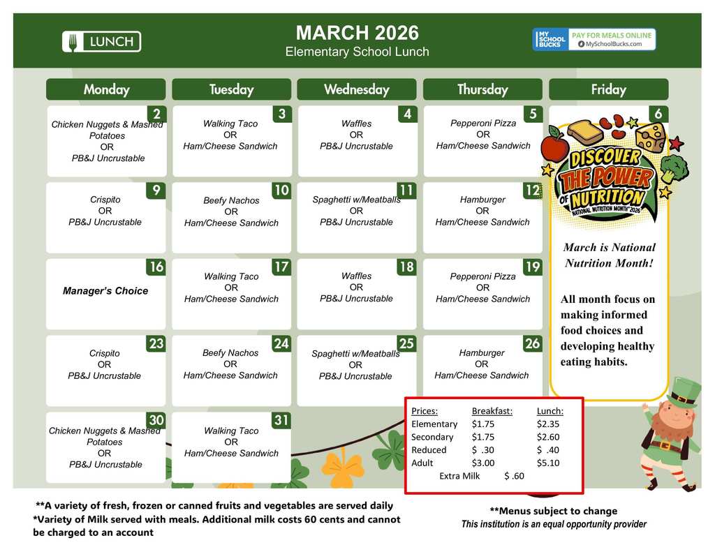 March Lunch Menu