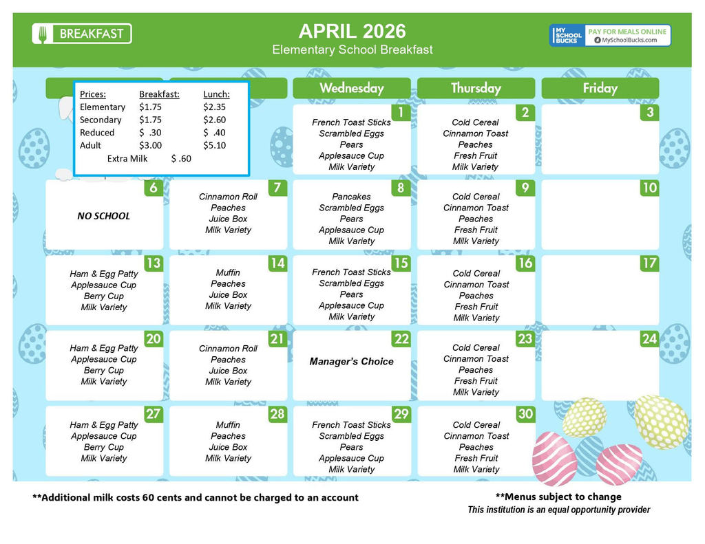 April Breakfast Menu