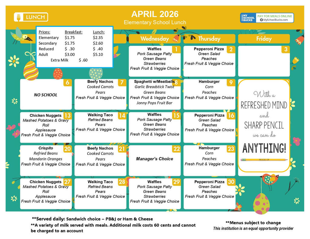 April Lunch Menu