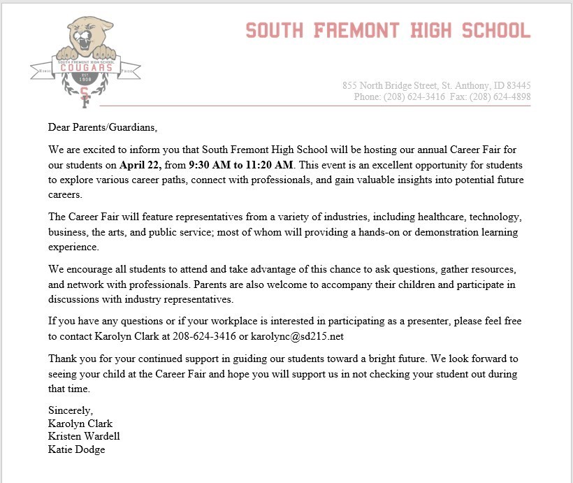 Career Fair Letter to Parents