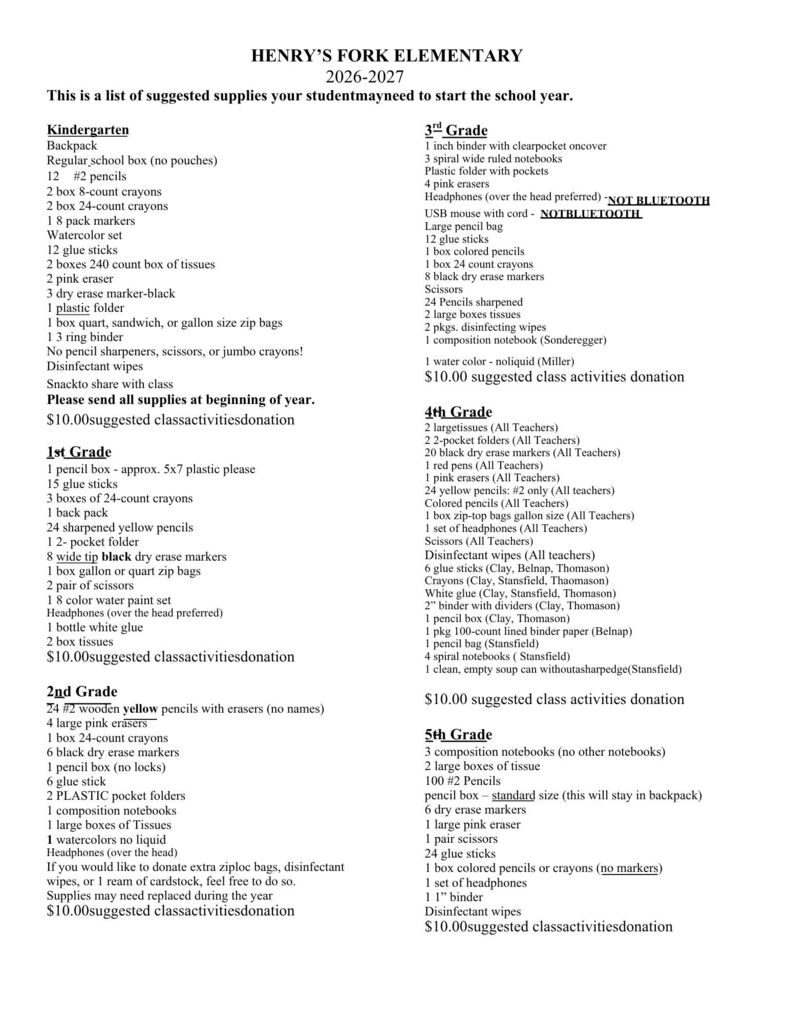 Suggested Supply List 2026-2027 English