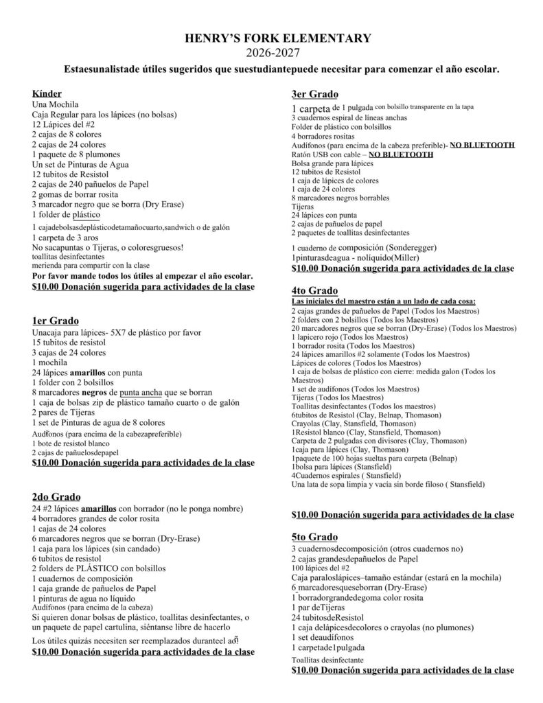 Suggested Supply List 2026-2027 Spanish