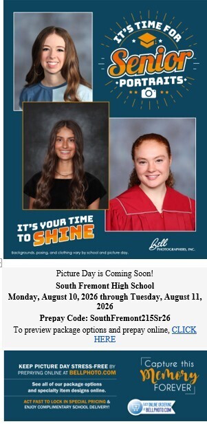 Bell Photography will be at South Fremont High School during the School's Registration this coming Monday and Tuesday to take your Senior Portraits!
