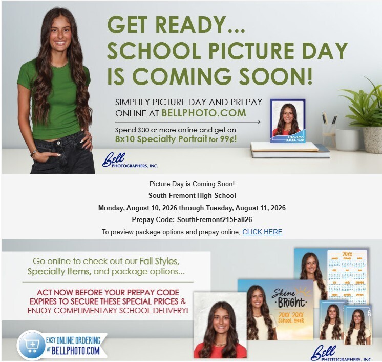 School Pictures will be taken this coming Monday and Tuesday at the High School.