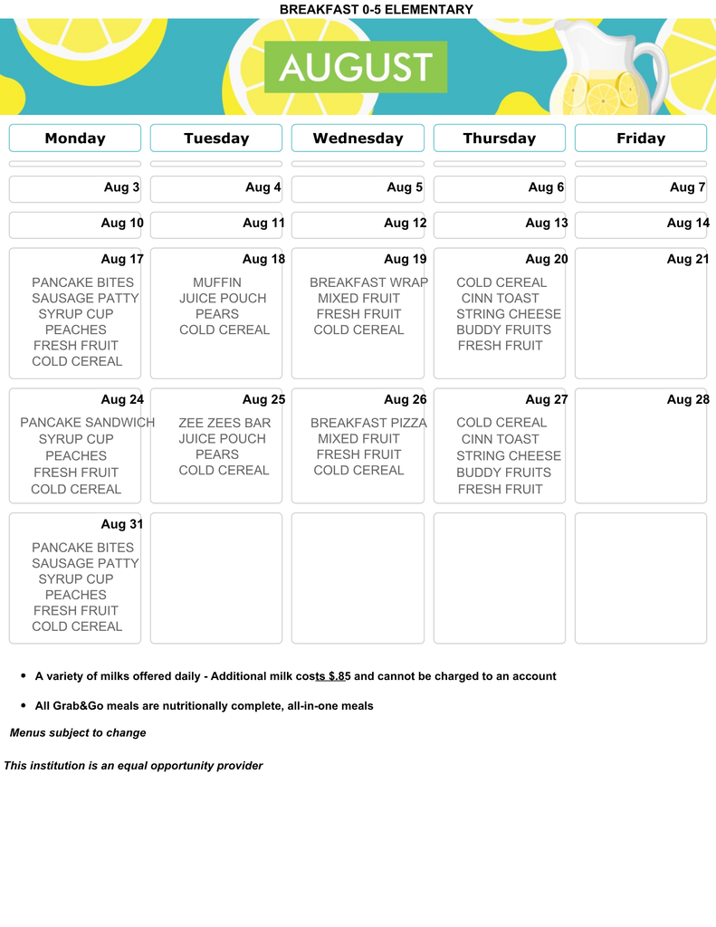 August Breakfast Menu