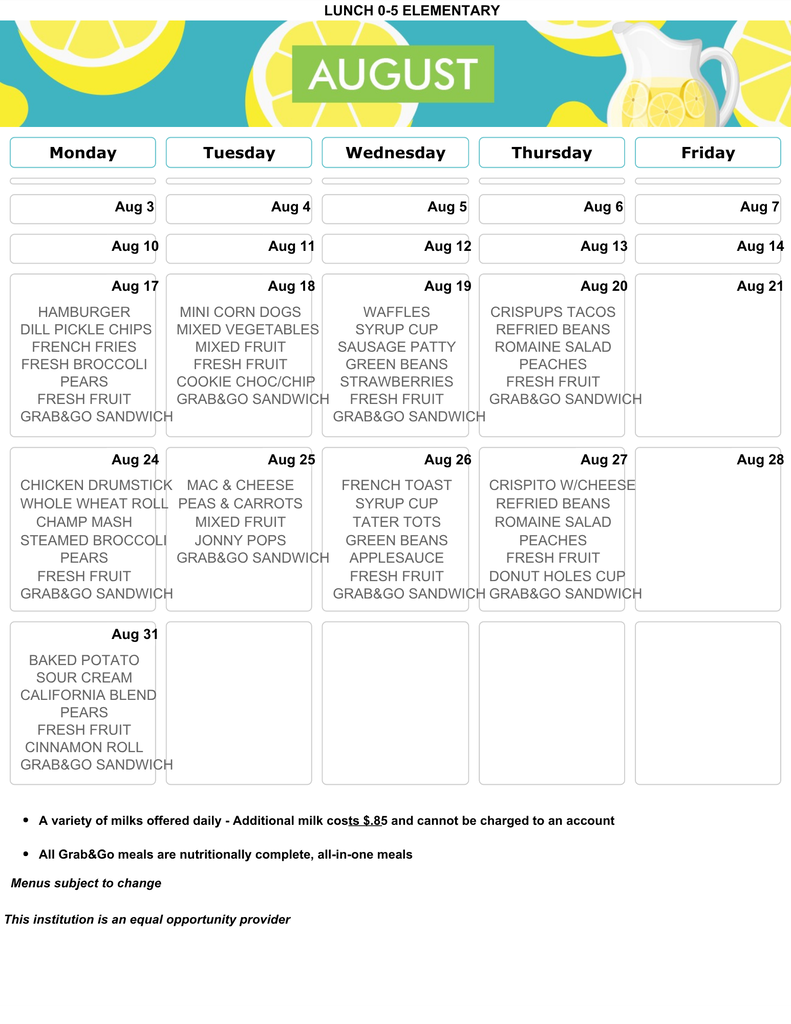 August Lunch Menu
