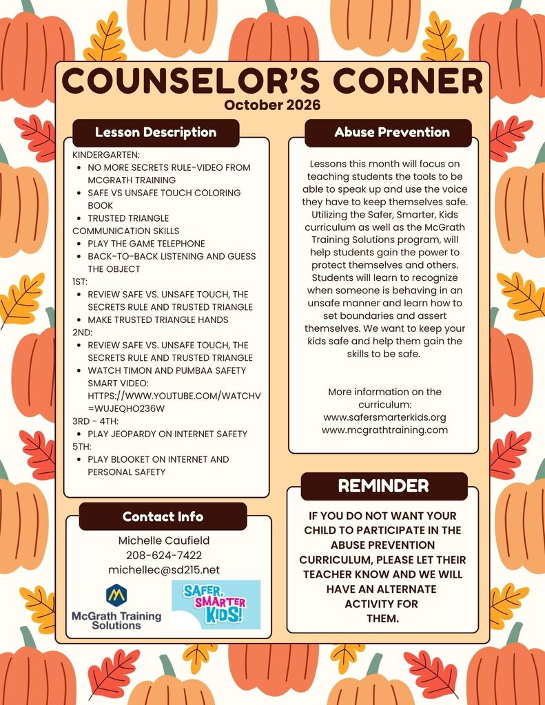 Counselor's Corner October Newsletter English