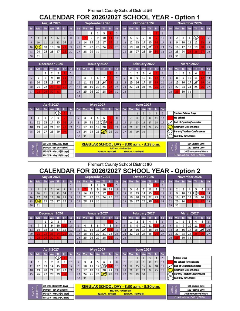 Two calendar options for the 2026/2027 school year