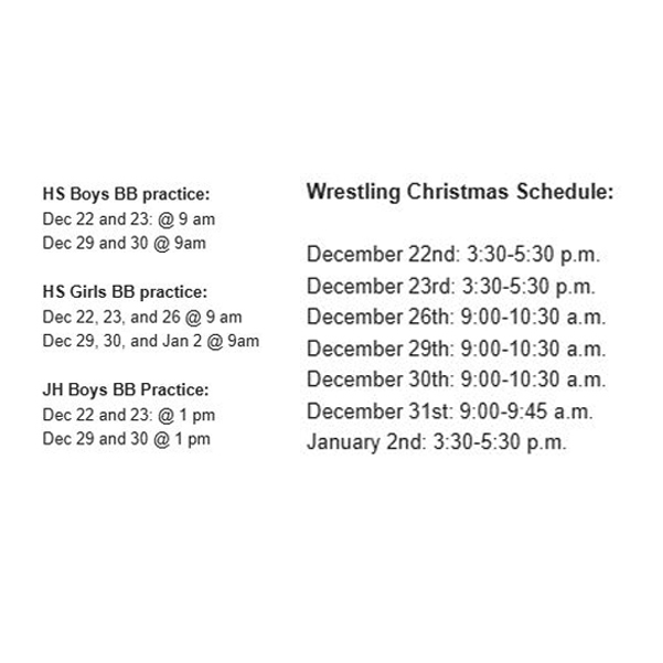 Winter Break Practice Schedules