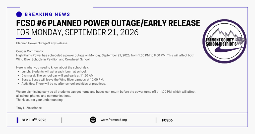 Early release for Monday, Sept. 21 due to scheduled power outage