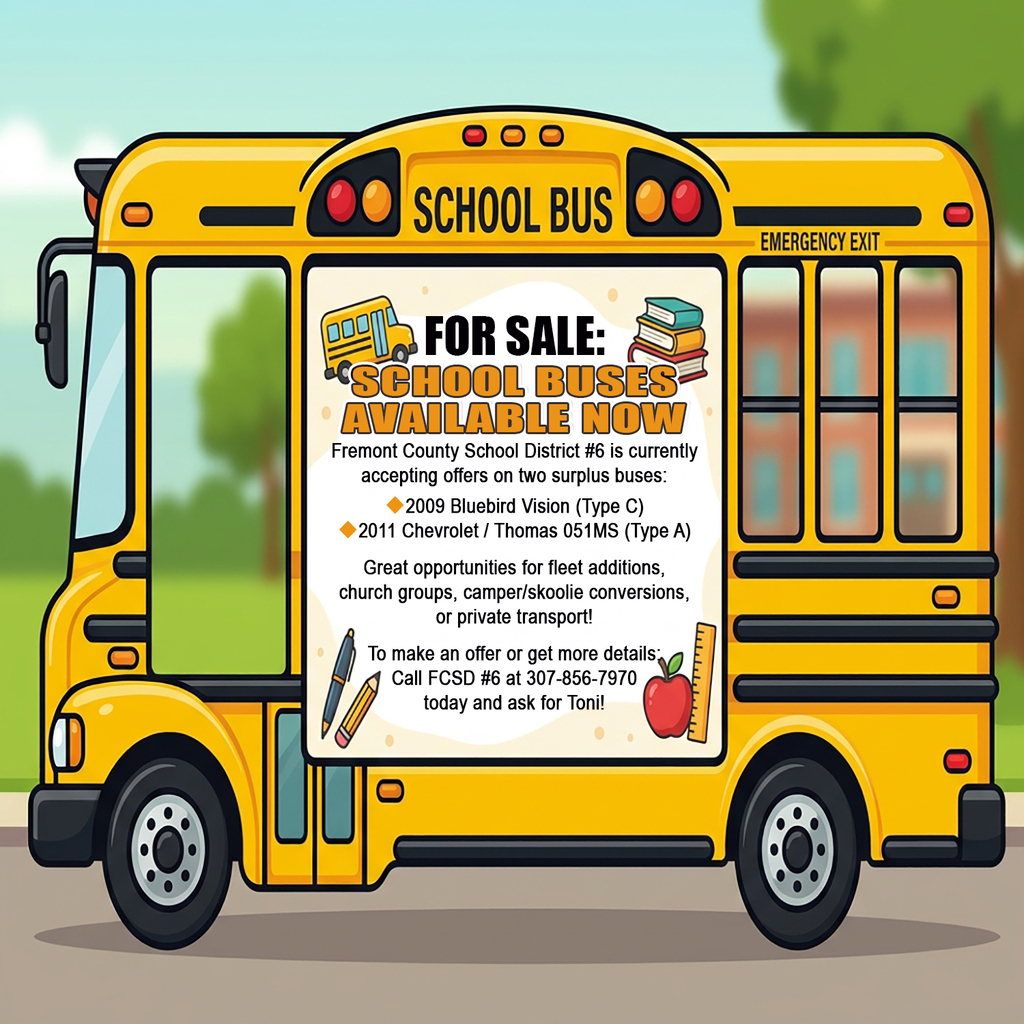FOR SALE: Fremont County School District #6 is currently accepting offers on two surplus buses: u2009 Bluebird Vision (Type C) u2011 Chevrolet / Thomas 051MS (Type A) Great opportunities for fleet additions, church groups, camper/skoolie conversions, or private transport! To make an offer or get more details: Call FCSD #6 at 307-856-7970 today and ask for Toni!