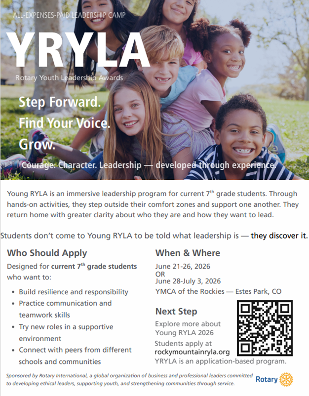 Young RYLA poster, QR code, for current 7th grade students, leadership camp in Estes CO.  