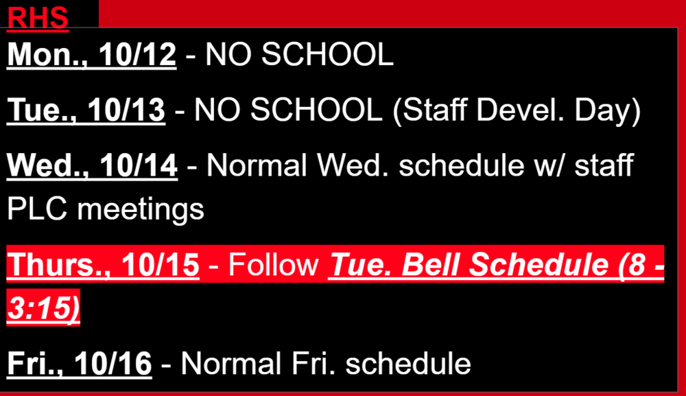 RHS Schedule change for week of 10/12