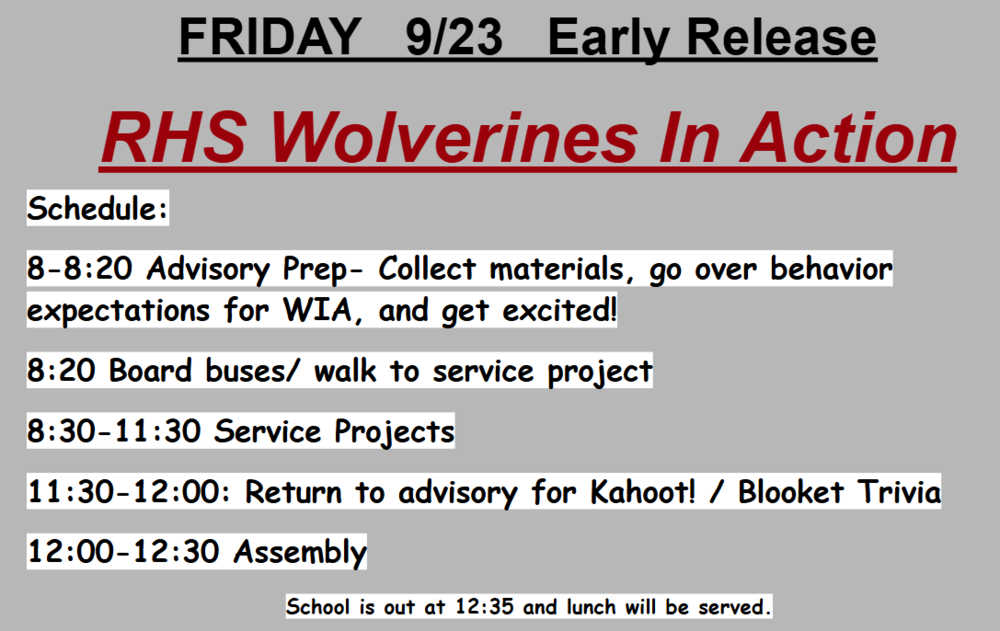 Early Release for RHS Friday, 9/23