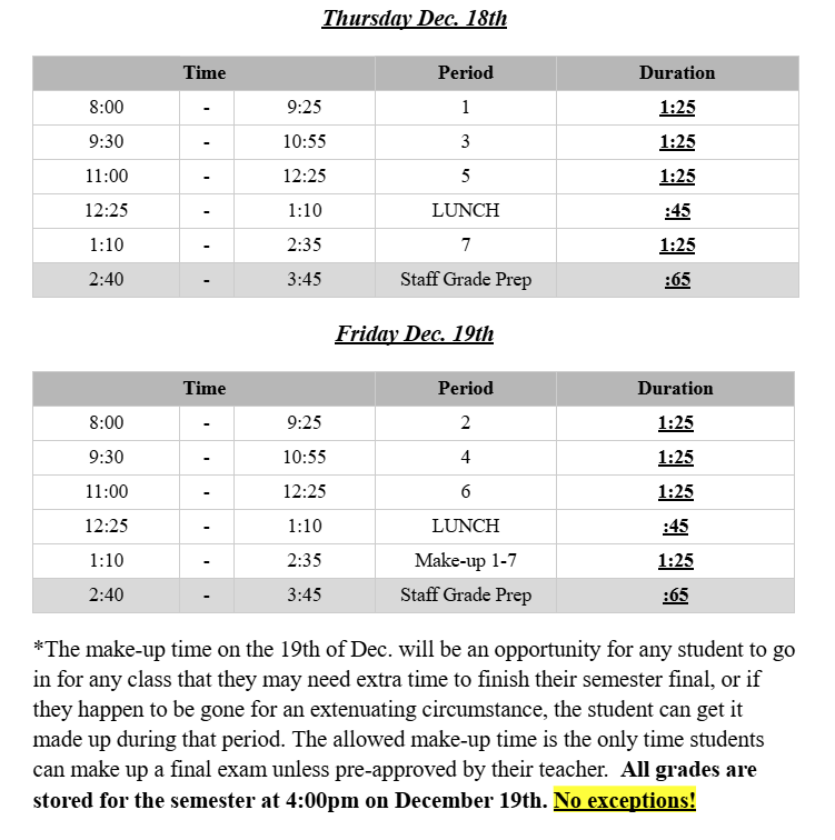 RHS 1st Semester Finals Bell Schedule
