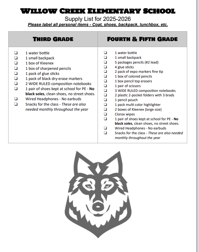 2025-2026 School Supply List