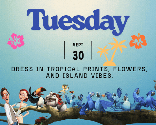Tuesday, dress in tropical prints, flowers and island vibes