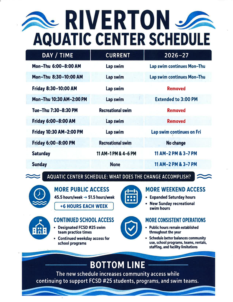 Riverton Aquatic Center Schedule. See flyer for new updates.