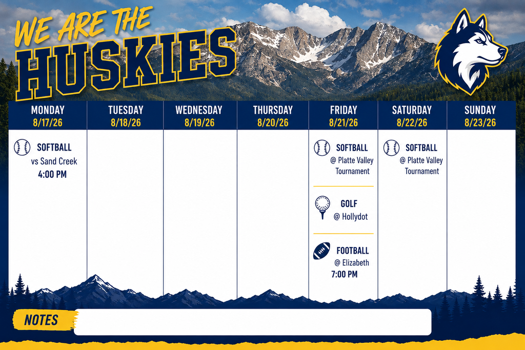 Weekly schedule for 8/17 -  Softball on Monday at 4:00 pm, Friday: softball at platte valley tournament, golf @ Hollydot, and Football @ Elizabeth.  Softball tournament continues on Saturday 