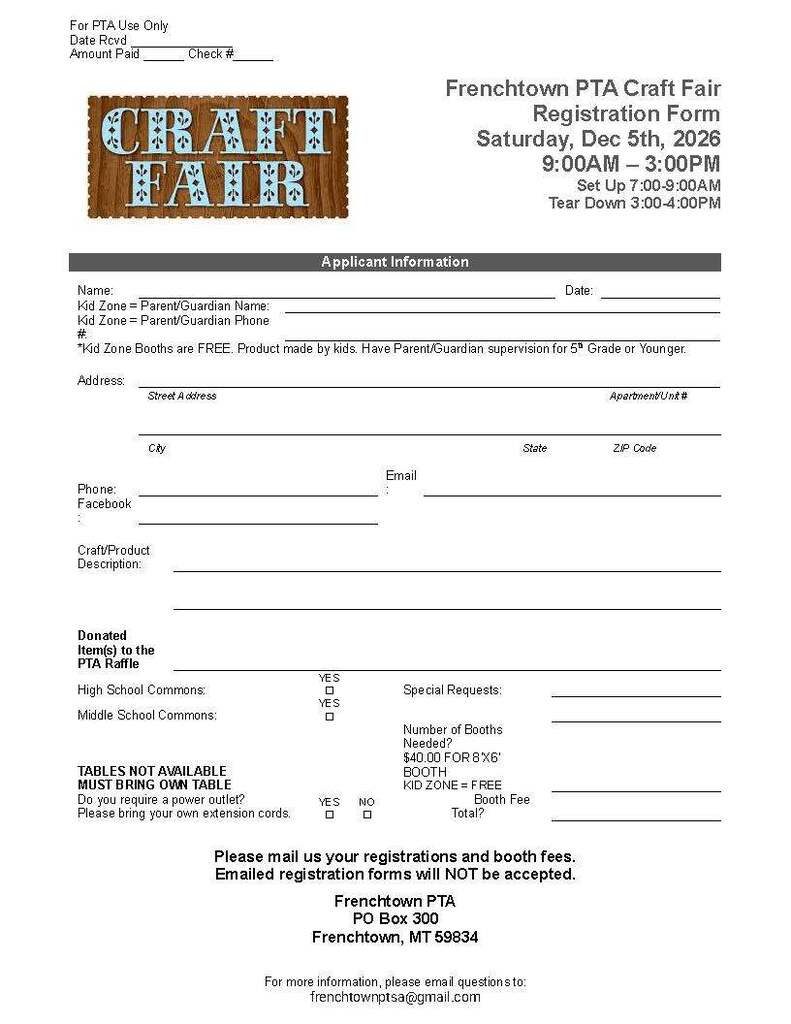 PTA Craft fair Registration Form