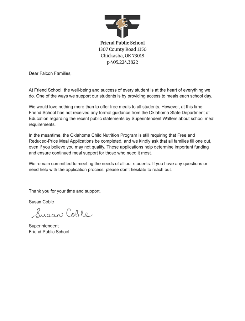 Letter about meals