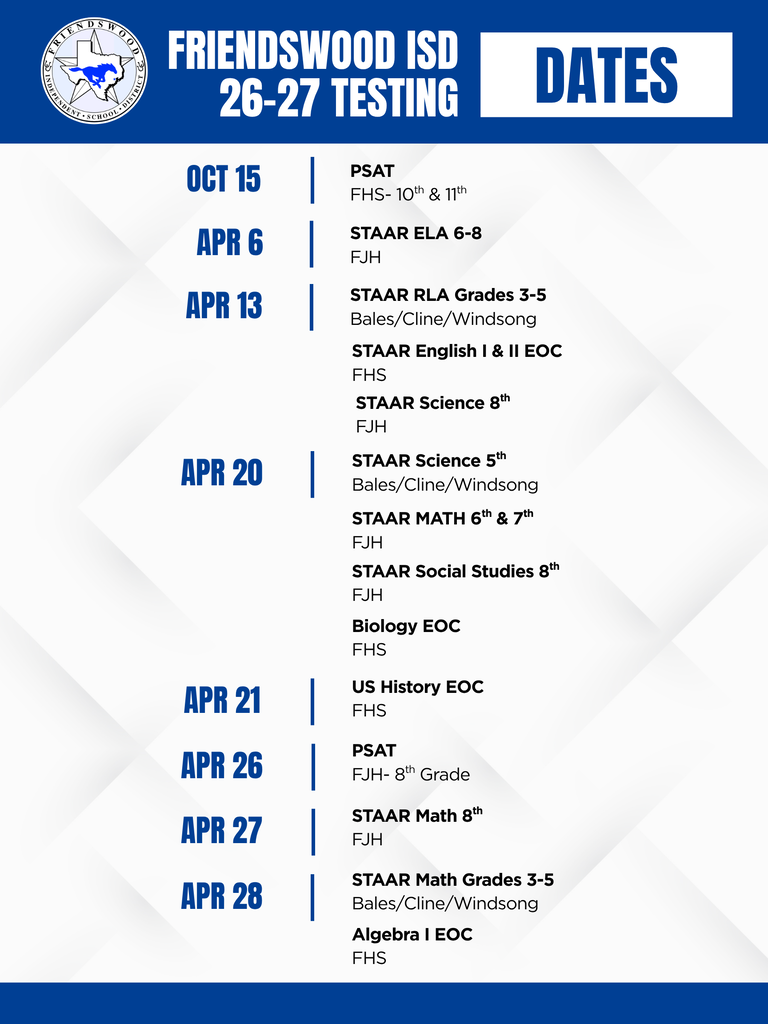 26-27 Testing Calendar