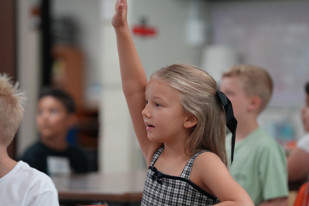 student with hand raised