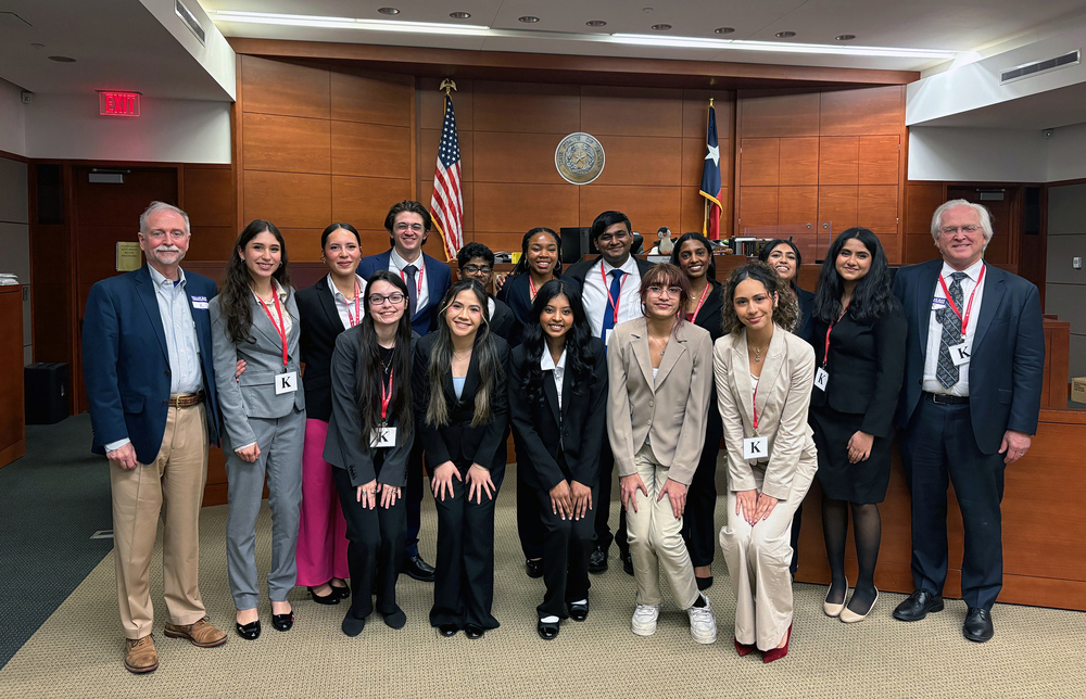 Mock trial students and teachers in a law classroom