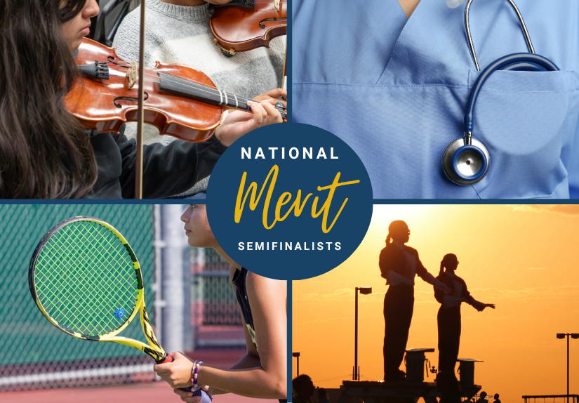 National Merit Semifinalists graphic with tennis, band, health and orchestra represented