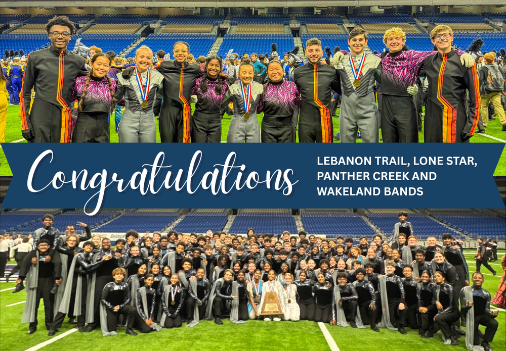 Students wearing band uniforms smiling