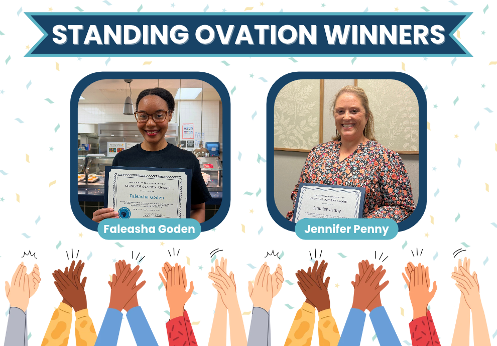 Image shows the words "Standing Ovation Winners" at the top with two individuals below