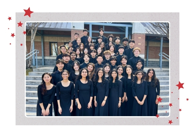 Students wearing black concert attire and posing on the steps of a school