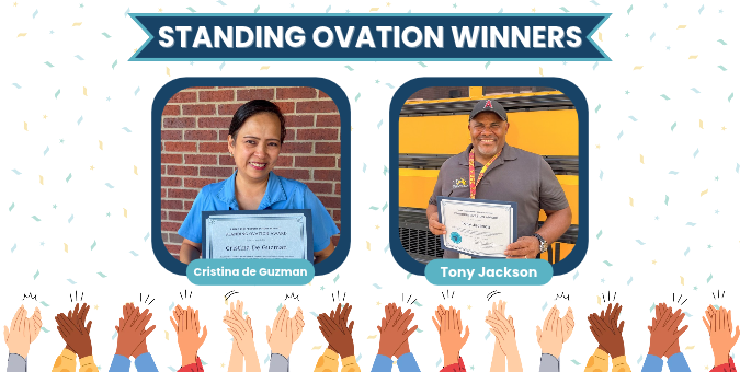 Image shows the words "Standing Ovation Winners" at the top with two individuals below
