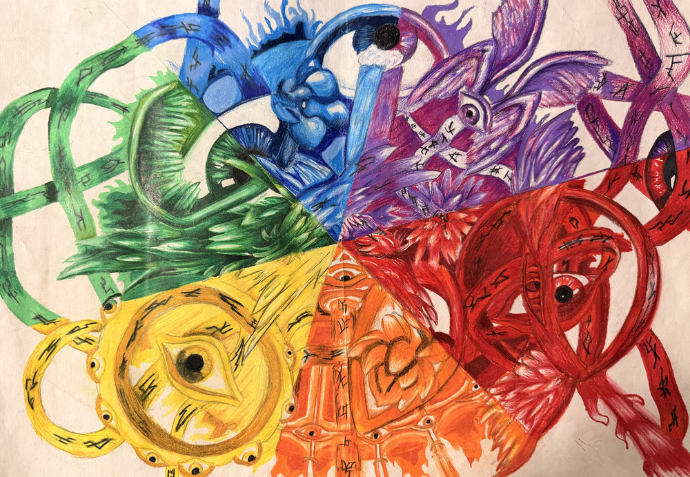 Colorful artwork with eyes and gears
