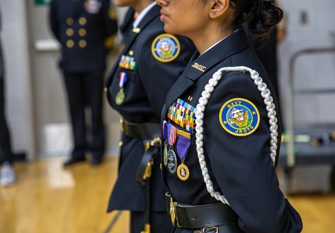 NJROTC cadets lined up ready for inspection