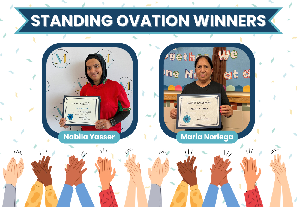 Image shows the words "Standing Ovation Winners" at the top with two individuals below