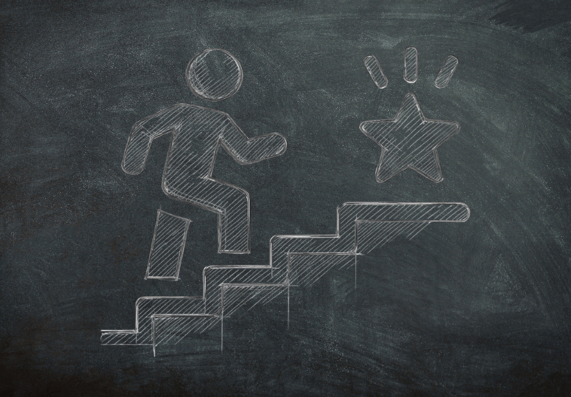 chalkboard illustration of person walking up steps to end result