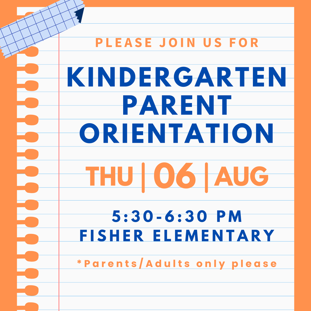 Notebook page on orange background with  details of kindergarten parent orientation