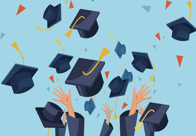 Illustration of hands throwing graduation caps in the air
