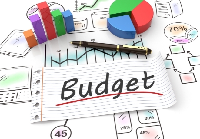Colorful budget graphic with graphs pie charts