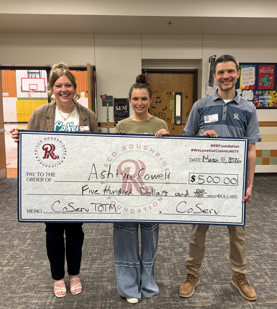 Three people holding a large check from Coserv and the Roughriders