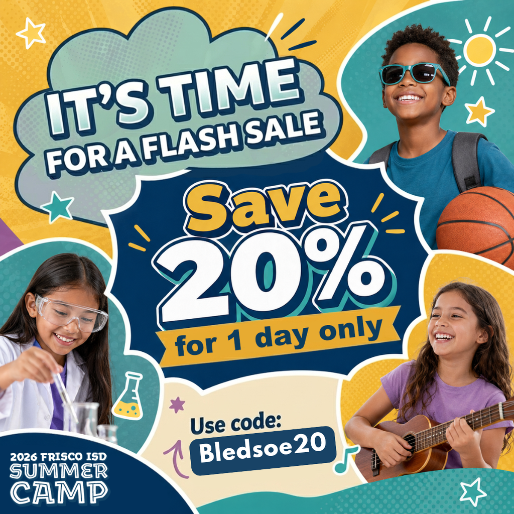 Summer camp 20% off graphic with kids learning and having fun