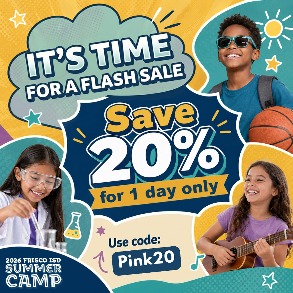 Summer camp 20% off graphic with kids learning and having fun