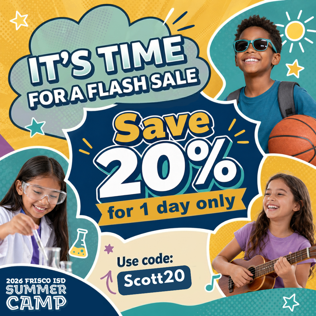 Summer camp 20% off graphic with kids learning and having fun