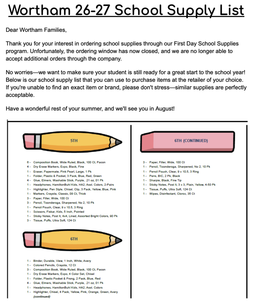 26-27 Wortham School Supply List